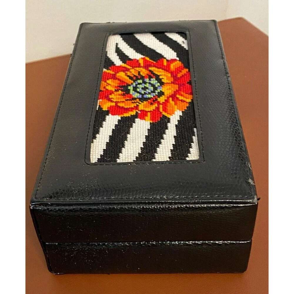 Vtg Floral Needlepoint Locking JEWELRY BOX Hand Stitched Black Zebra Small Lined